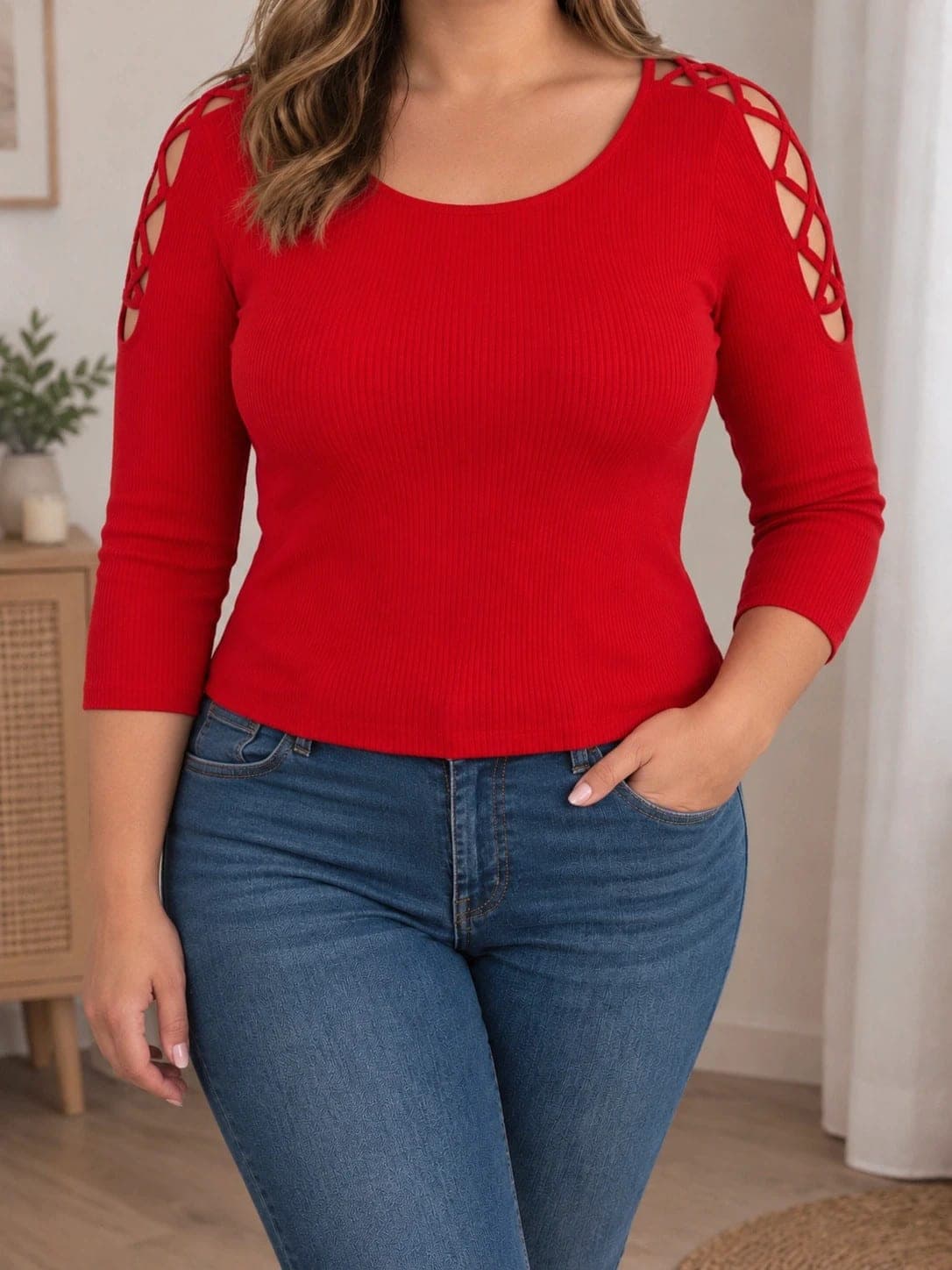 Red Jennyfer body with laced sleeves