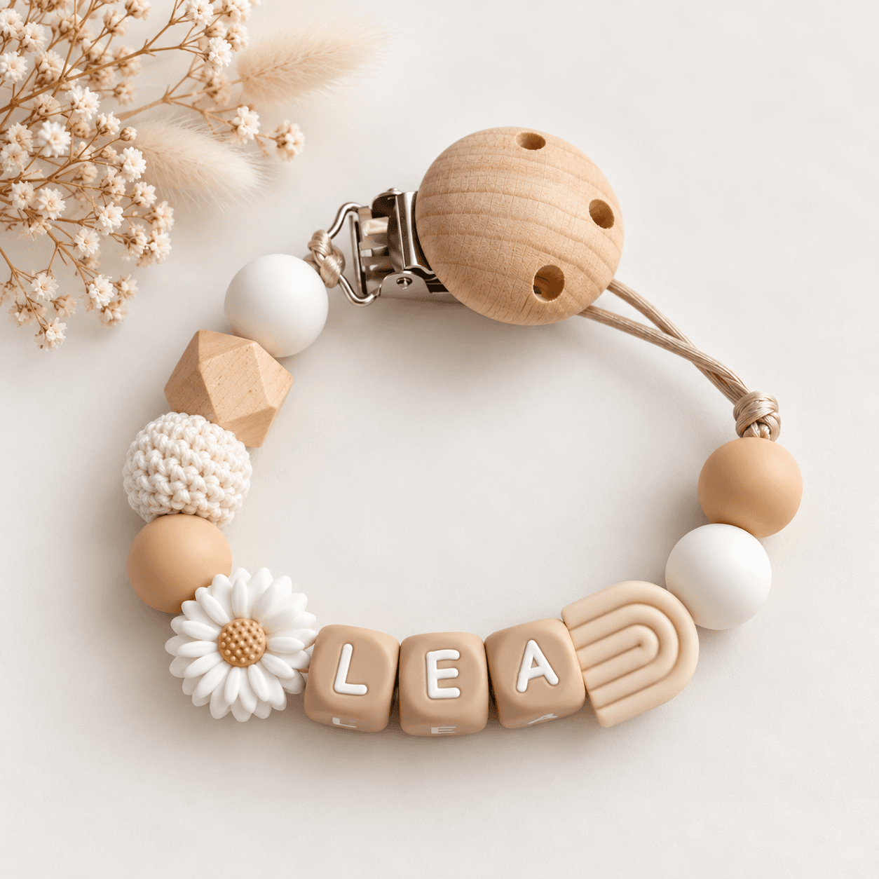 Speenkoord met naam | beige-wit-bloem