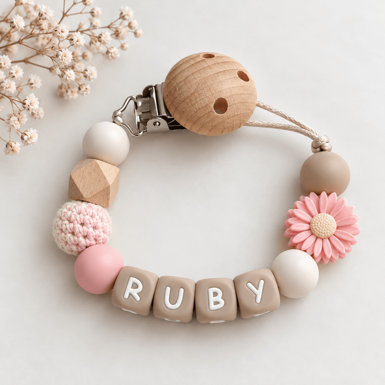 speenkoord met naam | roze bloem