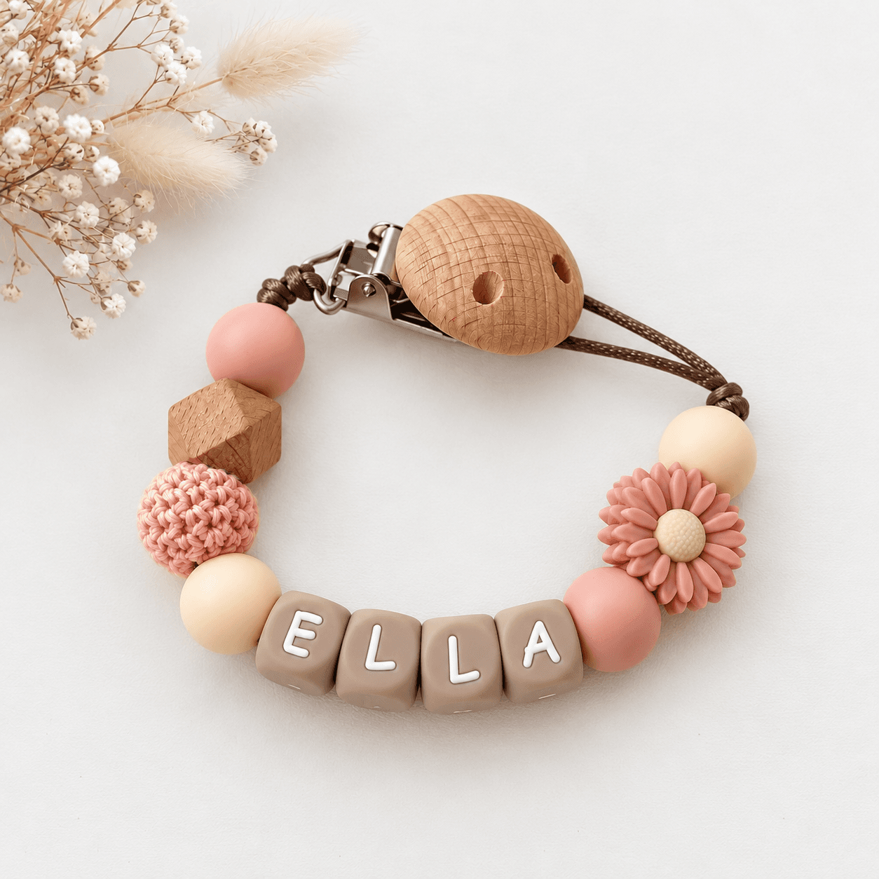 Gepersonaliseerd speenkoord met naam | zalm roze bloem