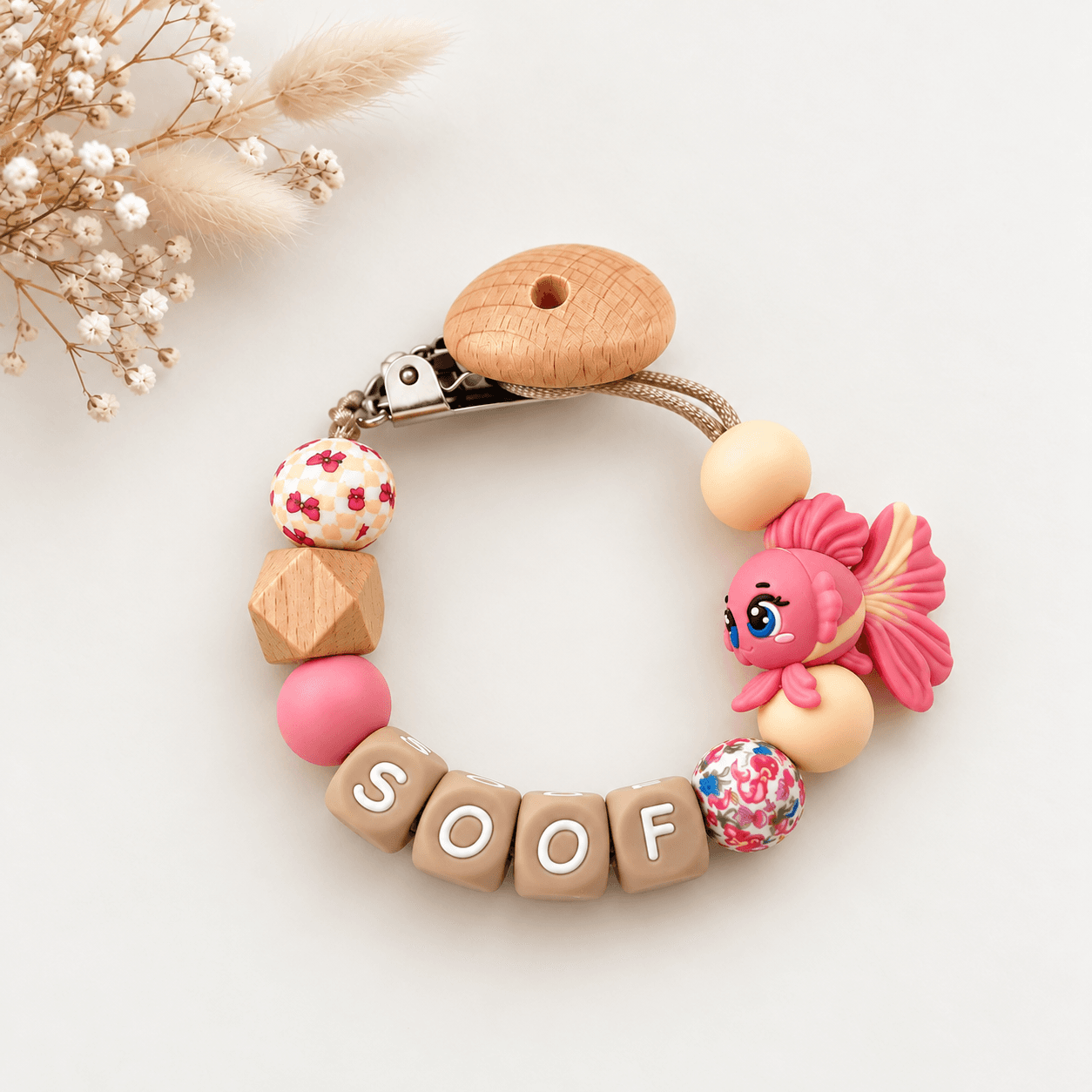 Speenkoord met naam | roze vis